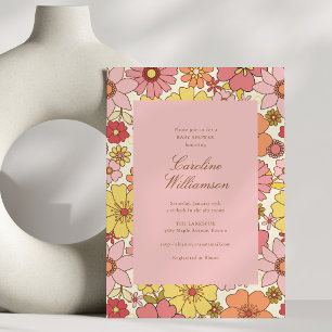 Retro Pink Yellow Floral Groovy Modern Baby Shower Invitation