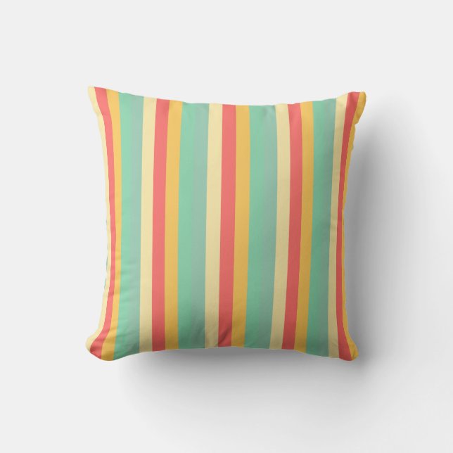 Retro Pink Yellow Green Blue Stripes Cushion (Front)