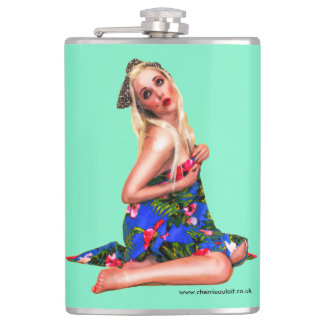 Retro Pinup Beach Girl Green Hip Flask