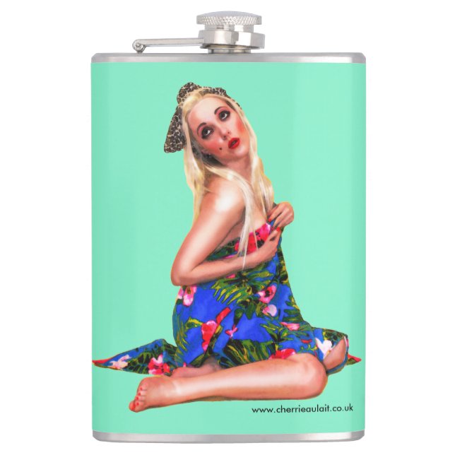 Retro Pinup Beach Girl Green Hip Flask (Front)