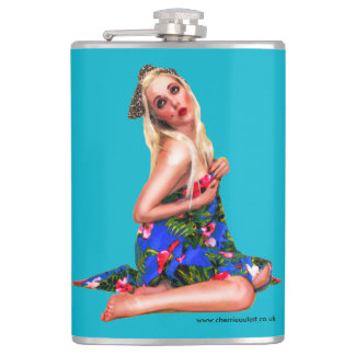 Retro Pinup Beach Girl Teal Hip Flask