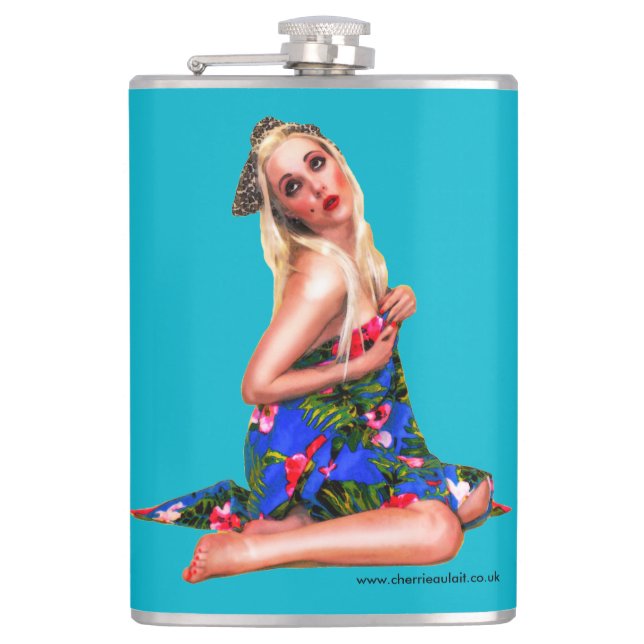 Retro Pinup Beach Girl Teal Hip Flask (Front)