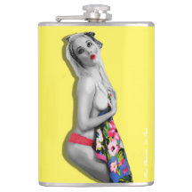 Retro Pinup Girl Hip Flask Miss Cherrie Yellow