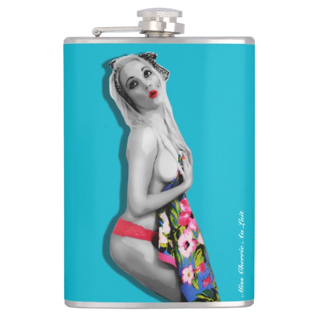Retro Pinup Girl Hip Flask with Miss Cherrie Teal (Front)
