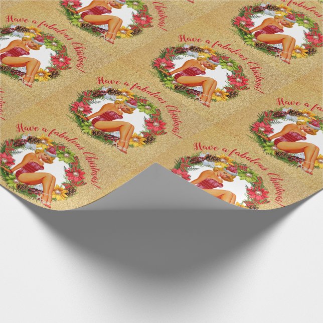 Retro Pinup Wreath Fabulous Christmas Wrapping Paper (Corner)
