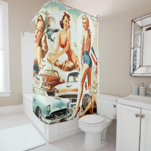 Retro Pinups Collage Shower Curtain