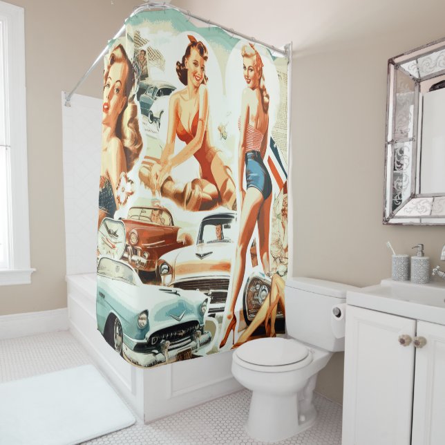 Retro Pinups Collage Shower Curtain (In Situ)