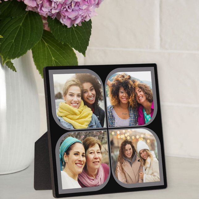 Retro Pinwheel Flower Petal 4 Photo Collage Black Plaque (Creator Uploaded)