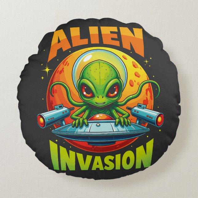Retro Pixel Alien Invasion Round Cushion (Front)