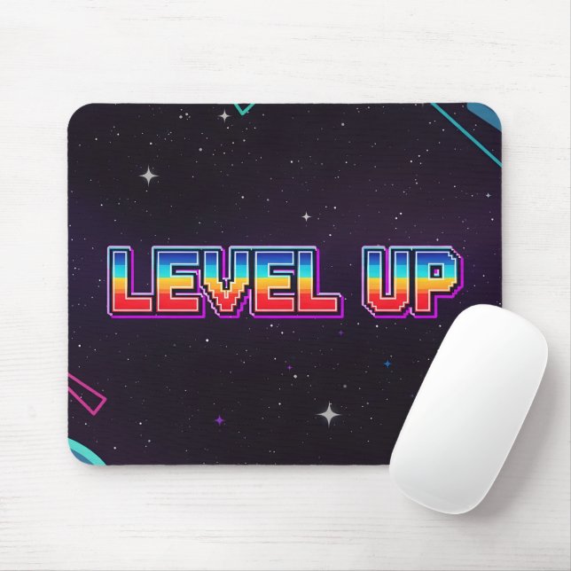 Retro Pixel Art LEVEL UP Gaming Stars Mouse Mat (With Mouse)