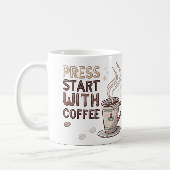 Retro Pixel Art "Press Start with Coffee" Gamer Mu Coffee Mug (Left)