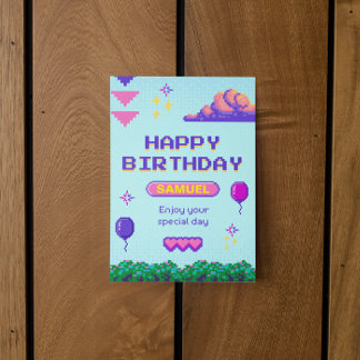 Retro Pixel Blue Purple Birthday B-Day Invitation