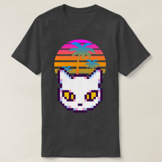 Retro Pixel Kitty Cat Palm Trees Sunset T-Shirt