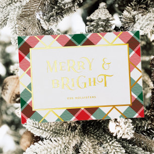 Retro Plaid Merry & Bright Golf Foil Holiday Card