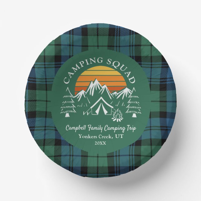 Retro Plaid Tartan Family Camping Squad Campbell Paper Plate (Front)