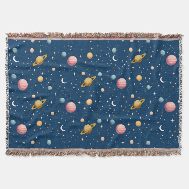 Retro Planets and Stars Pattern Throw Blanket (Front)