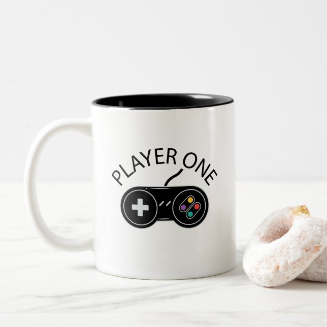 Retro Player One Gaming Controller Two-Tone Coffee Mug (With Donut)