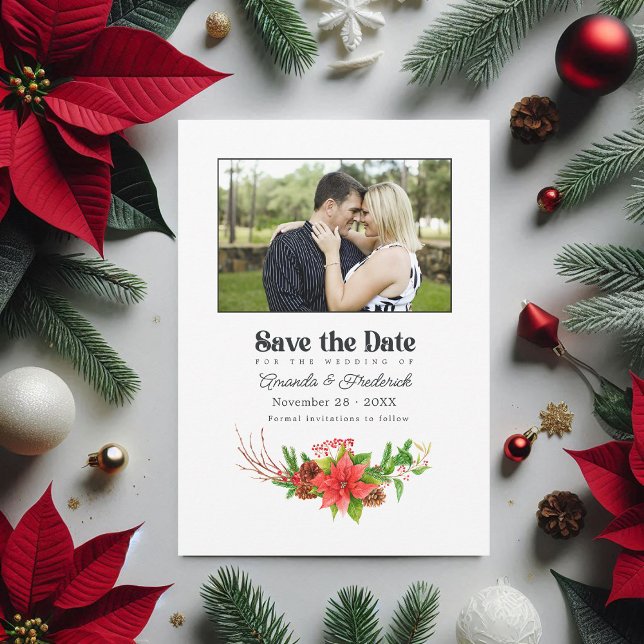 Retro Poinsettia Bicycle Christmas Wedding QR Code Save The Date (Retro Poinsettia Bicycle Christmas Wedding QR Code Save The Date)