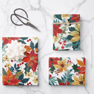 Retro Poinsettia Festive Christmas Wrapping Paper 