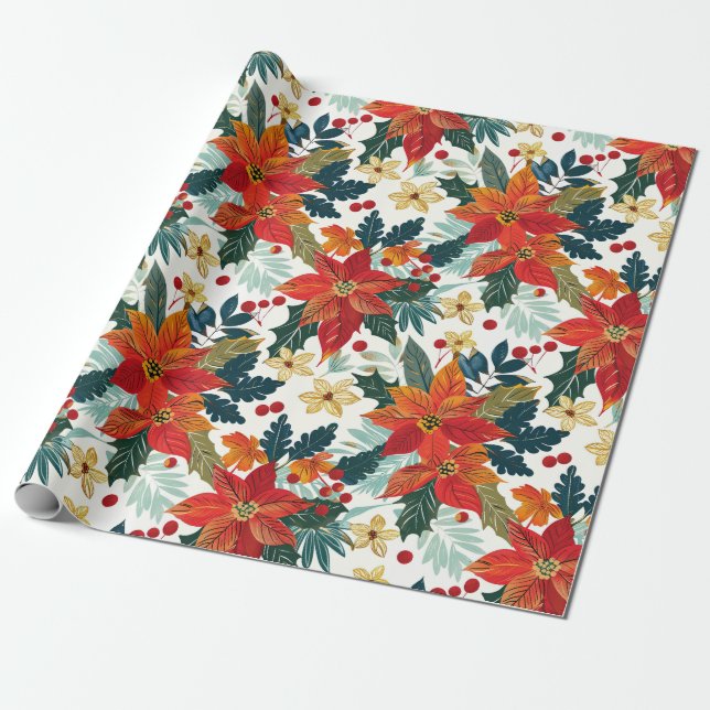 Retro Poinsettia Festive Christmas Wrapping Paper  (Unrolled)