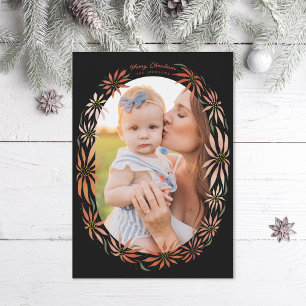 Retro Poinsettia Oval Frame Photo Holiday Card