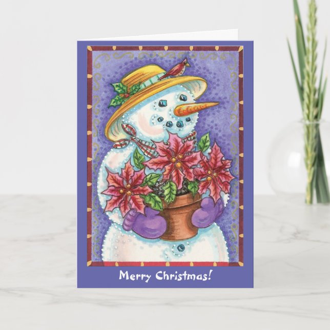 Retro Poinsettia Snowman Christmas Holiday Card (Front)