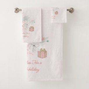Retro Poinsettias Watercolor Pink White Gifts Bath Towel Set