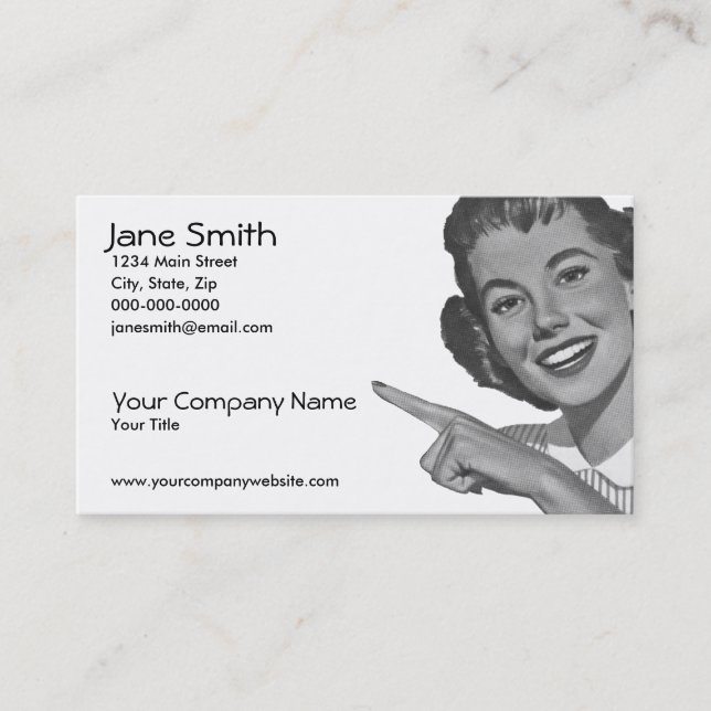 Retro Pointing Woman Business Card (Front)