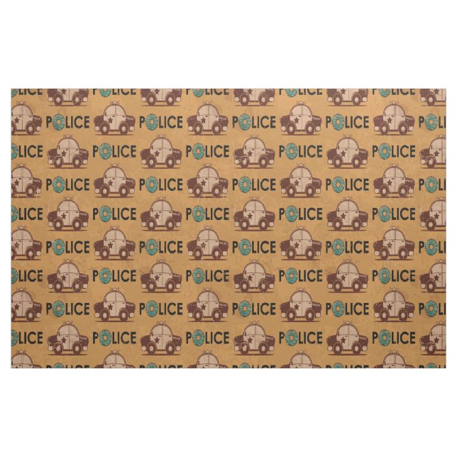 Retro Police Car Doughnuts Brown Fabric (Fat Quarter)