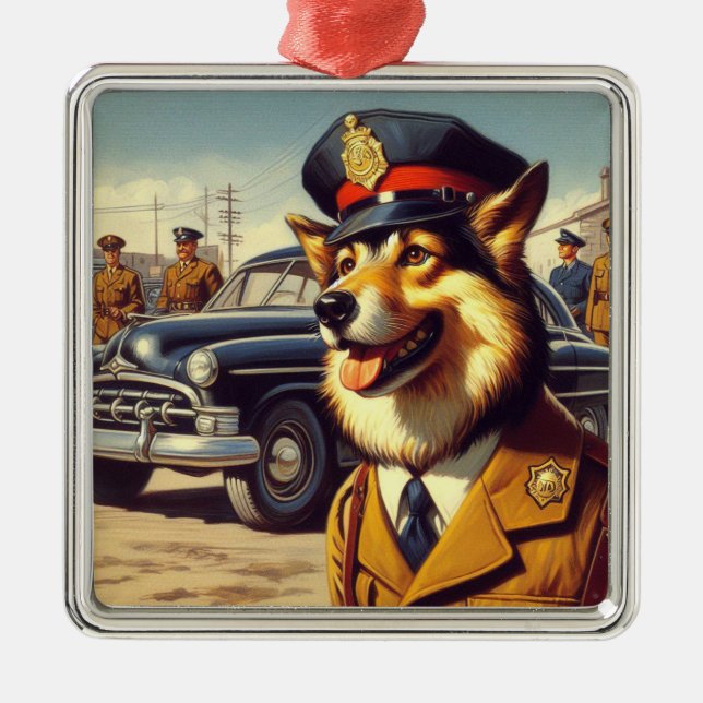 Retro Police Dog Painting Metal Tree Decoration (Front)