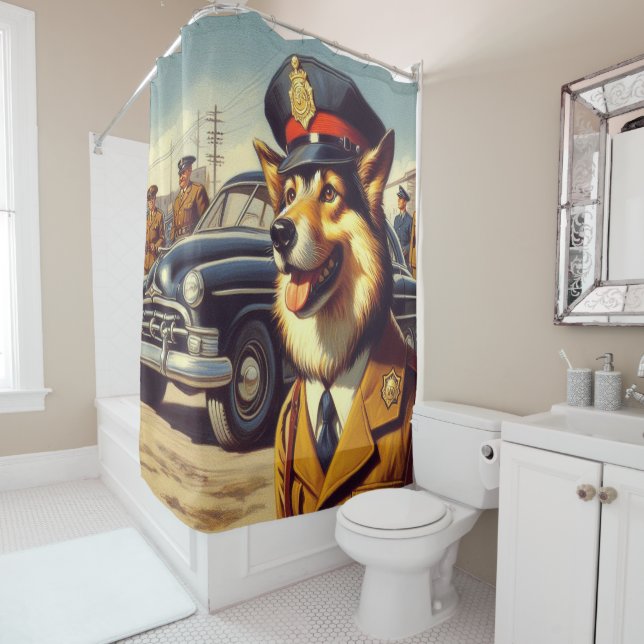 Retro Police Dog Painting Shower Curtain (In Situ)
