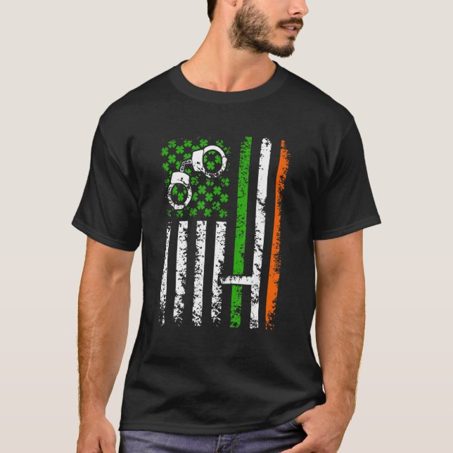 Retro Police Us Flag Shamrock St Patrick Day Costu T-Shirt (Front)