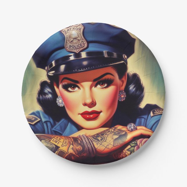 Retro Policewoman Paper Plate (Front)