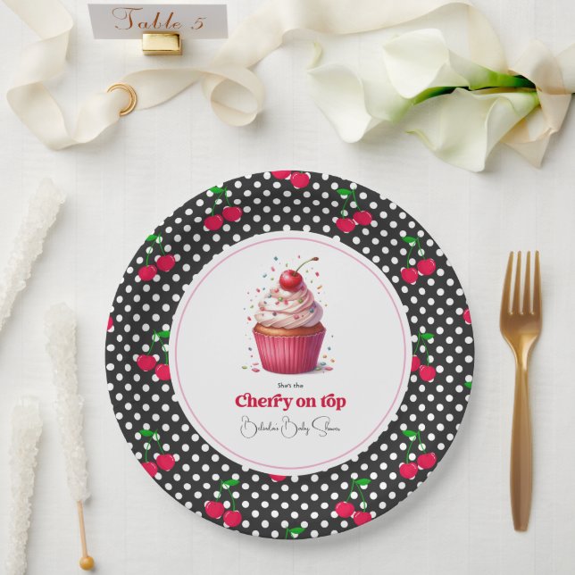 Retro Polka Dot Theme Cherry On Top Baby Shower Paper Plate (Wedding)