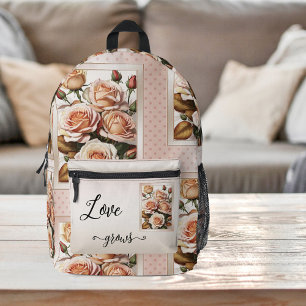 Retro Polka Dots Pink Love Painted Roses Printed Backpack