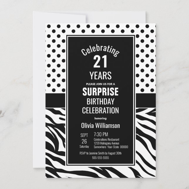 Retro Polka Dots Surprise 21st Birthday Party Invitation (Front)
