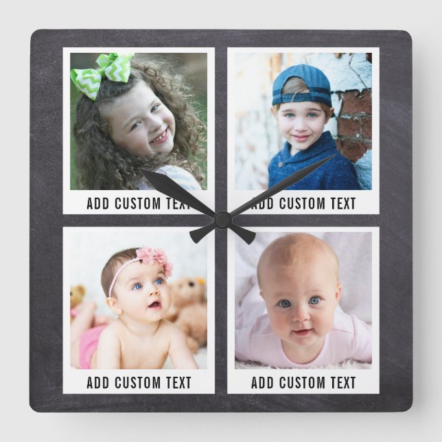 Retro Poloroid Template 4 Photo Collage Chalkboard Square Wall Clock (Front)