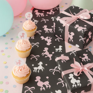 Retro Poodle & Bow Pink, White & Black Chic Wrapping Paper