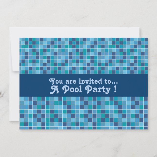 Retro pool party blue pattern pool tiles invitation (Front)