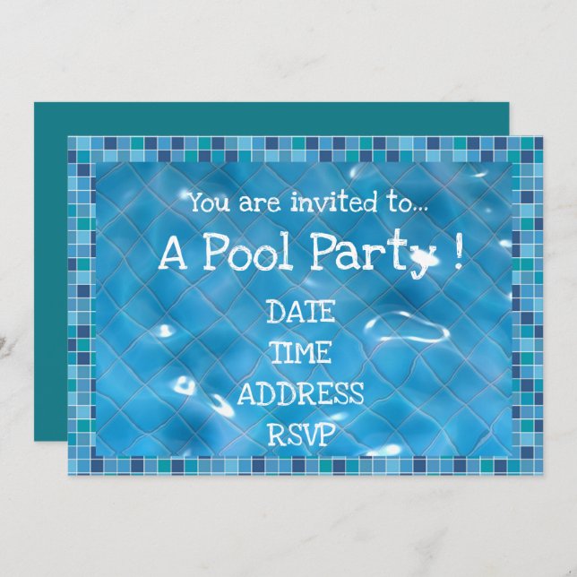 Retro Pool Party blue tiles Invitation (Front/Back)