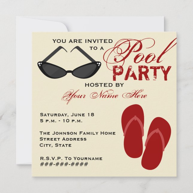 Retro Pool Party Invite Flip Flops & Sunglasses (Front)