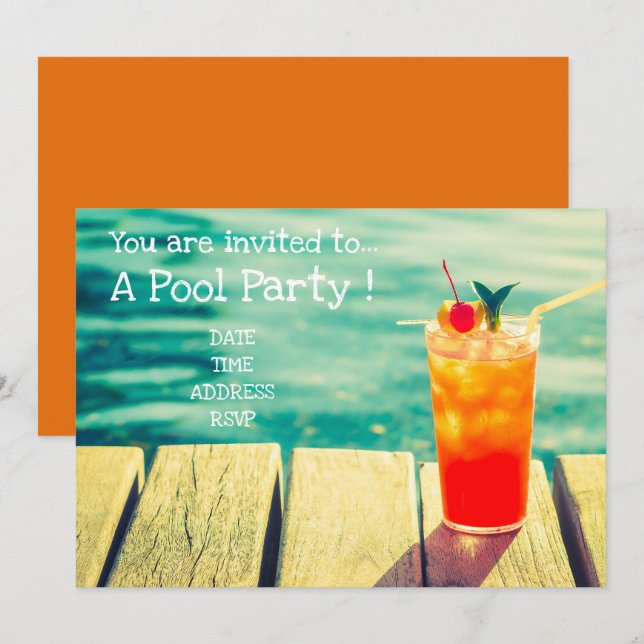 Retro Pool Party Orange cocktail Invitation (Front/Back)
