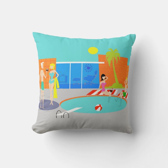 Retro Pool Party Throw Pillow (Front)