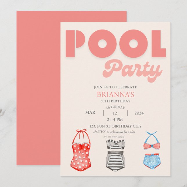 Retro Pool Party Women Summer Birthday Invitation (Front/Back)