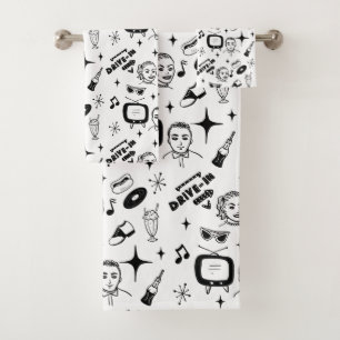 Retro Pop 1950's Style Nostalgic Graphics Bath Towel Set