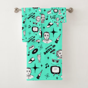 Retro Pop 1950's Style Nostalgic Graphics Bath Towel Set