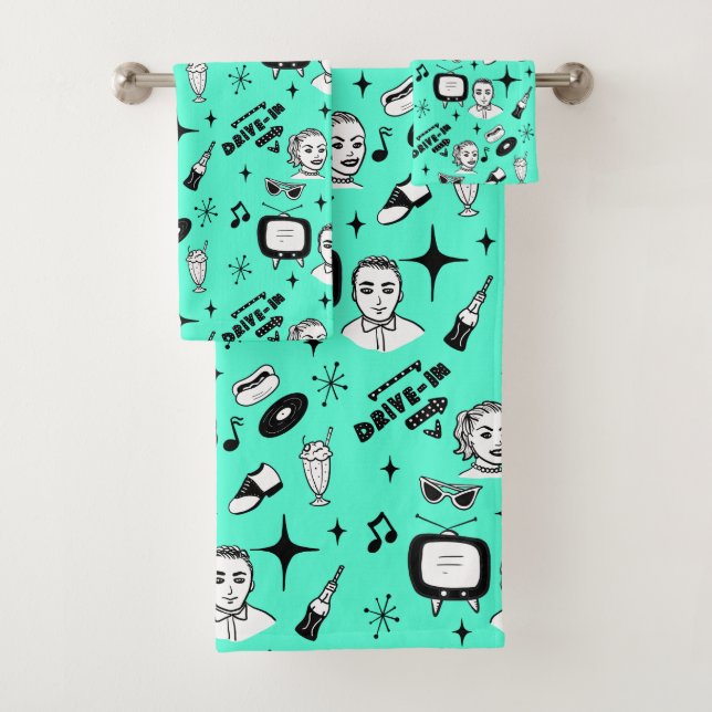 Retro Pop 1950's Style Nostalgic Graphics  Bath Towel Set (Insitu)