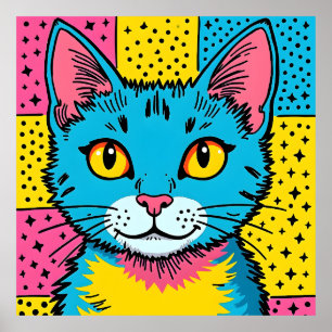 Retro Pop Art 80's Style Blue Cat Poster