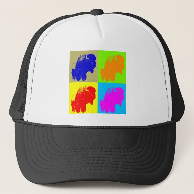 Retro Pop Art Bison Buffalo Artwork Trucker Hat (Front)