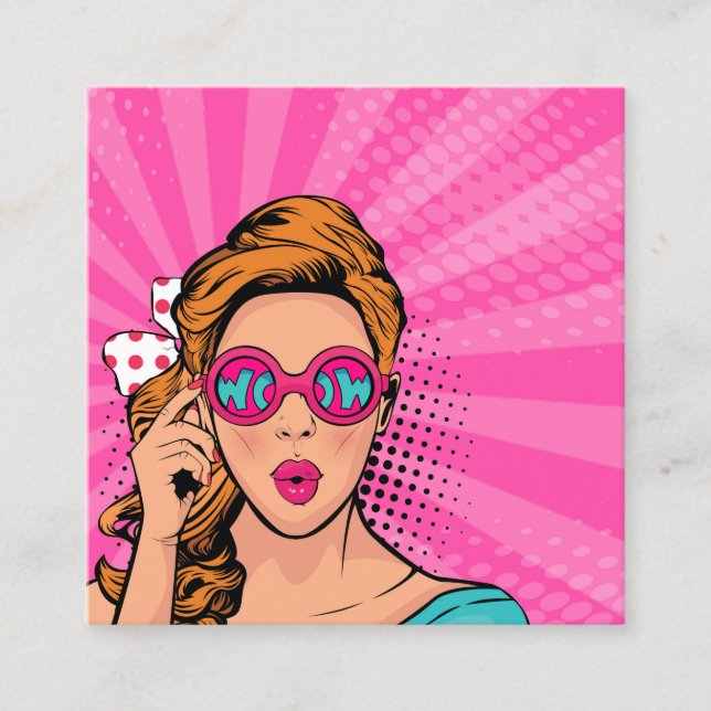 Retro Pop Art Blonde Lady Wow Pink ID556 Square Business Card (Front)